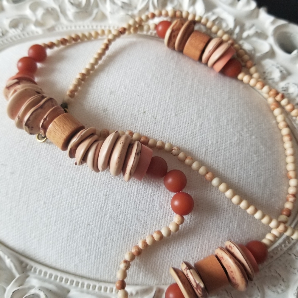 Vintage Boho Organic Botanical Seed Pod & Wooden Beaded Statement Necklace